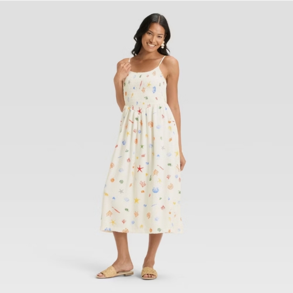 Women's Smocked V-Waist Midi Dress - A New Day Medium